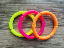 Load image into Gallery viewer, Happy Day Rainbow Stretch Bracelets, Elbow Bead Bracelets, hot pink orange neon yellow green purple jewelry, stretch stacking bracelets