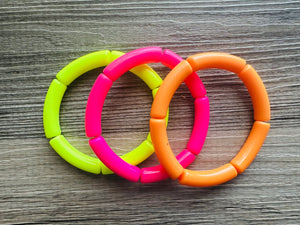 Happy Day Rainbow Stretch Bracelets, Elbow Bead Bracelets, hot pink orange neon yellow green purple jewelry, stretch stacking bracelets