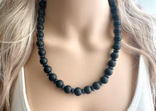 Load image into Gallery viewer, Black Wood Necklace, single strand jewelry, ball beaded chunky statement necklace, black necklace, drop black resin earrings tie dye glass