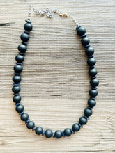 Load image into Gallery viewer, Black Wood Necklace, single strand jewelry, ball beaded chunky statement necklace, black necklace, drop black resin earrings tie dye glass