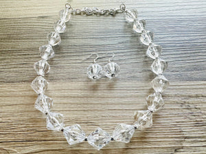 Bubble Clear Crystal Statement Necklace, Cone Faceted Beaded Everyday neutral jewelry, silver accents chunky bib necklace earring set