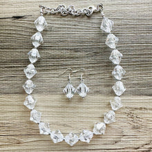 Load image into Gallery viewer, Bubble Clear Crystal Statement Necklace, Cone Faceted Beaded Everyday neutral jewelry, silver accents chunky bib necklace earring set