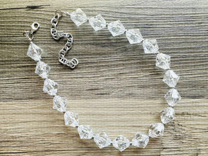 Bubble Clear Crystal Statement Necklace, Cone Faceted Beaded Everyday neutral jewelry, silver accents chunky bib necklace earring set