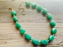 Load image into Gallery viewer, Clover Green Polished Agate GemStone Necklace green gold statement necklace jewelry, long beaded statement layering necklace gemstone