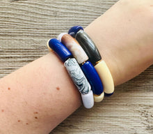 Load image into Gallery viewer, Cabana Weekend Statement bracelet, chunky bold bamboo bracelet, black white royal blue colorful beaded jewelry, chunky geometric