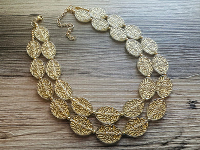 Gold Etched necklace and earrings, geometric beaded statement necklace, everyday metal chunky layering acetate oval gold clear resin set