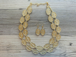 Gold Etched necklace and earrings, geometric beaded statement necklace, everyday metal chunky layering acetate oval gold clear resin set