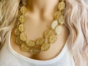 Gold Etched necklace and earrings, geometric beaded statement necklace, everyday metal chunky layering acetate oval gold clear resin set