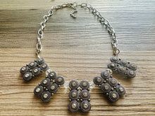 Load image into Gallery viewer, Rhinestone Statement Necklace, Gunmetal chunky necklace, statement jewelry, gemstone necklace, beaded gray rhinestone champagne geometric