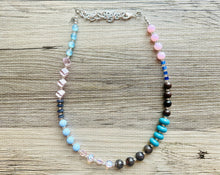 Load image into Gallery viewer, Blue &amp; Blush Statement Necklace Jewelry Set, Chunky Jewelry Big Beaded Single Strand Necklace, blue Necklace, pink earrings