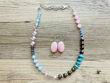 Load image into Gallery viewer, Blue &amp; Blush Statement Necklace Jewelry Set, Chunky Jewelry Big Beaded Single Strand Necklace, blue Necklace, pink earrings