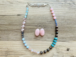 Blue & Blush Statement Necklace Jewelry Set, Chunky Jewelry Big Beaded Single Strand Necklace, blue Necklace, pink earrings