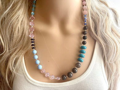 Blue & Blush Statement Necklace Jewelry Set, Chunky Jewelry Big Beaded Single Strand Necklace, blue Necklace, pink earrings