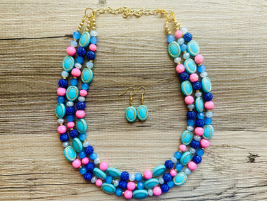 Coral Candy Pink Statement Necklace, chunky bib beaded jewelry, colorful jewelry, turquoise royal blue necklace, beaded jewelry earrings set