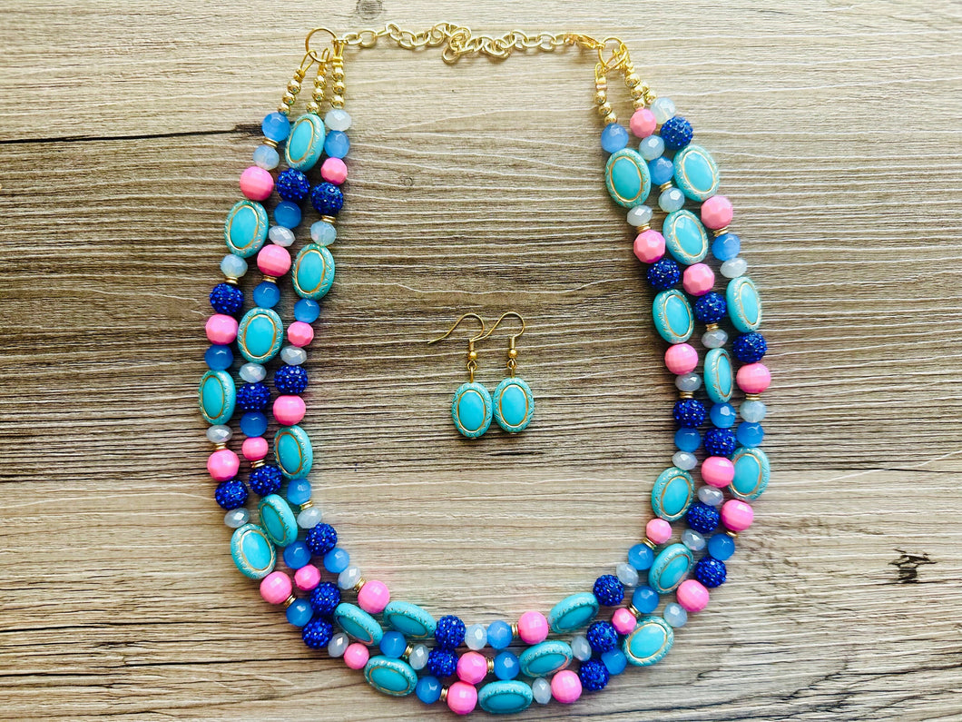 Coral Candy Pink Statement Necklace, chunky bib beaded jewelry, colorful jewelry, turquoise royal blue necklace, beaded jewelry earrings set