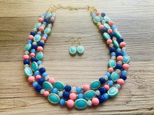 Load image into Gallery viewer, Coral Candy Pink Statement Necklace, chunky bib beaded jewelry, colorful jewelry, turquoise royal blue necklace, beaded jewelry earrings set