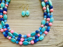 Load image into Gallery viewer, Coral Candy Pink Statement Necklace, chunky bib beaded jewelry, colorful jewelry, turquoise royal blue necklace, beaded jewelry earrings set
