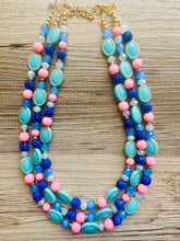 Load image into Gallery viewer, Coral Candy Pink Statement Necklace, chunky bib beaded jewelry, colorful jewelry, turquoise royal blue necklace, beaded jewelry earrings set