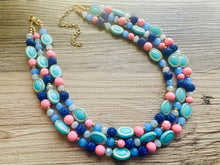 Load image into Gallery viewer, Coral Candy Pink Statement Necklace, chunky bib beaded jewelry, colorful jewelry, turquoise royal blue necklace, beaded jewelry earrings set