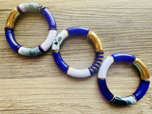 Load image into Gallery viewer, Cabana Weekend Statement bracelet, chunky bold bamboo bracelet, royal purple shell colorful beaded jewelry, chunky geometric white gray gold