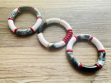 Load image into Gallery viewer, Cabana Weekend Statement bracelet, chunky bold bamboo bracelet, red shell colorful beaded jewelry, chunky geometric white gray gold black