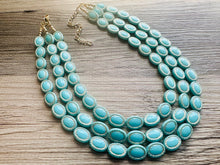 Load image into Gallery viewer, Aqua Blue Statement Necklace, Chunky Jewelry Big Beaded 3 Strand Necklace, light Blue Necklace, earrings Jewelry Set, turquoise gold Beaded