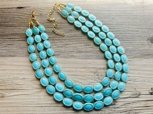 Load image into Gallery viewer, Aqua Blue Statement Necklace, Chunky Jewelry Big Beaded 3 Strand Necklace, light Blue Necklace, earrings Jewelry Set, turquoise gold Beaded