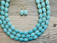 Load image into Gallery viewer, Aqua Blue Statement Necklace, Chunky Jewelry Big Beaded 3 Strand Necklace, light Blue Necklace, earrings Jewelry Set, turquoise gold Beaded