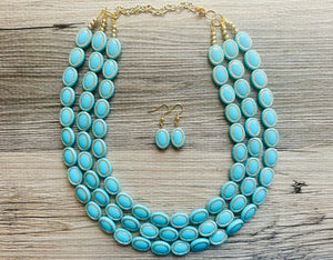 Aqua Blue Statement Necklace, Chunky Jewelry Big Beaded 3 Strand Necklace, light Blue Necklace, earrings Jewelry Set, turquoise gold Beaded