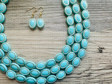 Load image into Gallery viewer, Aqua Blue Statement Necklace, Chunky Jewelry Big Beaded 3 Strand Necklace, light Blue Necklace, earrings Jewelry Set, turquoise gold Beaded