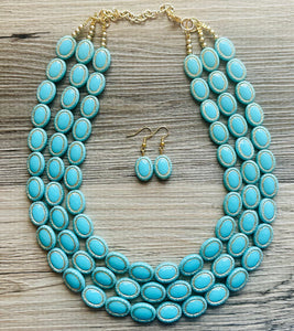 Aqua Blue Statement Necklace, Chunky Jewelry Big Beaded 3 Strand Necklace, light Blue Necklace, earrings Jewelry Set, turquoise gold Beaded