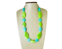 Load image into Gallery viewer, Long Green Clementine Statement Necklace, Chunky Beaded Necklace Jewelry, long bead necklace, earrings creamy geometric light lime mint