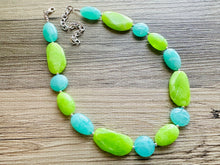 Load image into Gallery viewer, Long Green Clementine Statement Necklace, Chunky Beaded Necklace Jewelry, long bead necklace, earrings creamy geometric light lime mint