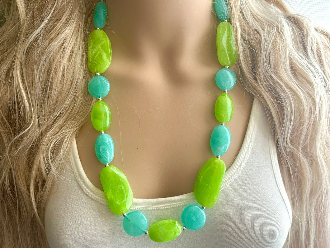 Long Green Clementine Statement Necklace, Chunky Beaded Necklace Jewelry, long bead necklace, earrings creamy geometric light lime mint