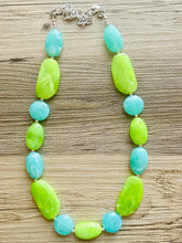 Load image into Gallery viewer, Long Green Clementine Statement Necklace, Chunky Beaded Necklace Jewelry, long bead necklace, earrings creamy geometric light lime mint