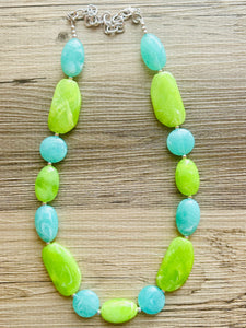 Long Green Clementine Statement Necklace, Chunky Beaded Necklace Jewelry, long bead necklace, earrings creamy geometric light lime mint