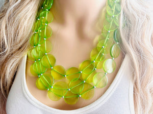 Big Bead Lime Necklace, 3 Strand Statement Jewelry, light green Chunky bib bridesmaid everyday bubble jewelry evergreen earrings