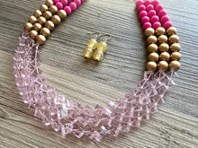 Load image into Gallery viewer, Gold Bubblegum &amp; Blush Diamond Soirée Necklace, Beaded Triple Layer Necklace, bead statement necklace, pink beaded necklace earrings