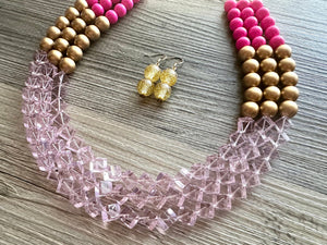 Gold Bubblegum & Blush Diamond Soirée Necklace, Beaded Triple Layer Necklace, bead statement necklace, pink beaded necklace earrings