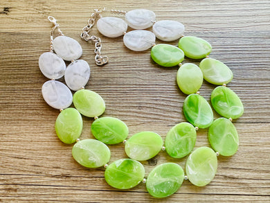 Color Block Double Statement Necklace, Chunky Jewelry Big Beaded Necklace, lime green & white Necklace, bead bubble earrings