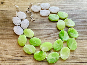 Color Block Double Statement Necklace, Chunky Jewelry Big Beaded Necklace, lime green & white Necklace, bead bubble earrings