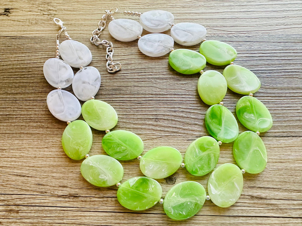 Color Block Double Statement Necklace, Chunky Jewelry Big Beaded Necklace, lime green & white Necklace, bead bubble earrings