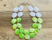 Load image into Gallery viewer, Color Block Double Statement Necklace, Chunky Jewelry Big Beaded Necklace, lime green &amp; white Necklace, bead bubble earrings