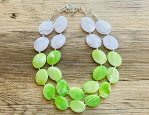 Color Block Double Statement Necklace, Chunky Jewelry Big Beaded Necklace, lime green & white Necklace, bead bubble earrings