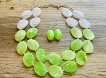 Load image into Gallery viewer, Color Block Double Statement Necklace, Chunky Jewelry Big Beaded Necklace, lime green &amp; white Necklace, bead bubble earrings
