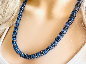 Navy Blue & Periwinkle Single Strand Statement Necklace, Chunky Blue Round Beaded Bib Jewelry, blue jewelry, light layering jewelry silver