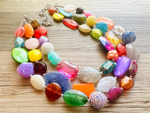 Triple Era Rainbow Beaded Necklace, Colorful Jewelry, Chunky statement necklace, rainbow jewelry, rainbow baby confetti tie dye earrings