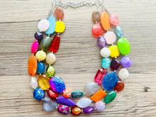 Load image into Gallery viewer, Triple Era Rainbow Beaded Necklace, Colorful Jewelry, Chunky statement necklace, rainbow jewelry, rainbow baby confetti tie dye earrings