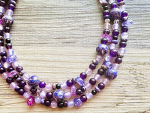 Load image into Gallery viewer, Black &amp; Purple Chunky Statement Necklace, Triple Strand Beaded Jewelry, lilac lavendar eggplant jewelry, bridesmaid wedding, purple necklace