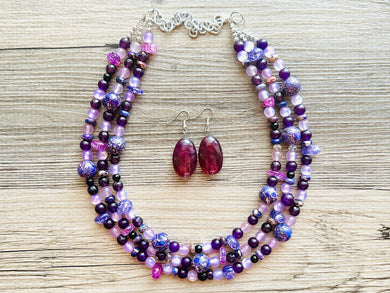 Black & Purple Chunky Statement Necklace, Triple Strand Beaded Jewelry, lilac lavendar eggplant jewelry, bridesmaid wedding, purple necklace